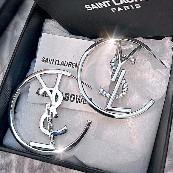 Authentic YSL Saint Laurent Monogram-Hoop Logo Earring Set - Picture 7 of 17